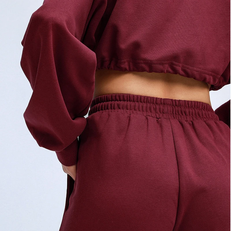 

Fitness Sports Sweatshirt Set Loose Short Top Pants Gym Clothing Casual Style Navel Long Sleeve Tracksuit 2 Pcs Workout Suit