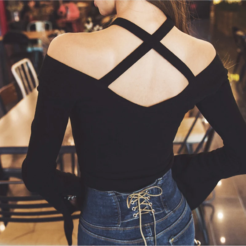 

Autumn and winter shoulder top women's neck T-shirt off shoulder split Long Sleeve Black bottomed shirt fashion