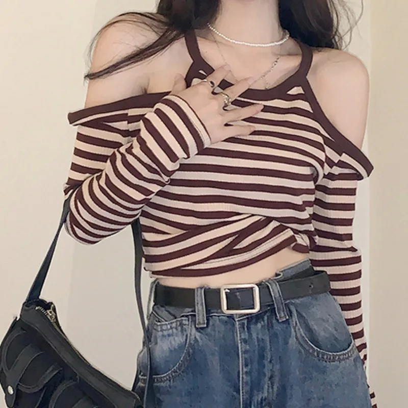 

Striped Off Shoulder with Long Sleeve T-shirt Women's Spring and Autumn 2021 New Fashion Bottomed Shirt Short Upper Garment