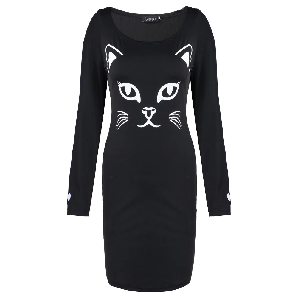 

Halloween Dress Europe and the United States New Womens Short Dress Halloween Human Skull Cat Print Sexy Long-sleeve Dress