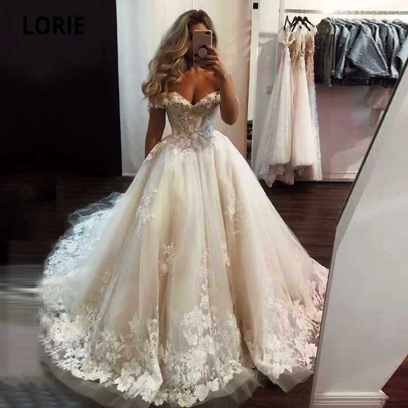 

LORIE Luxury Wedding Dress Off Shoulder Appliques Lace A-Line Boho Princess White Ivory Bridal Dress Bohemian Wedding Gown 2021