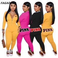 fagadoer pink letter embroidery bodycon jumpsuit fashion plaid patchwork bodysuits long sleeve sexy zipper playsuits streetwear