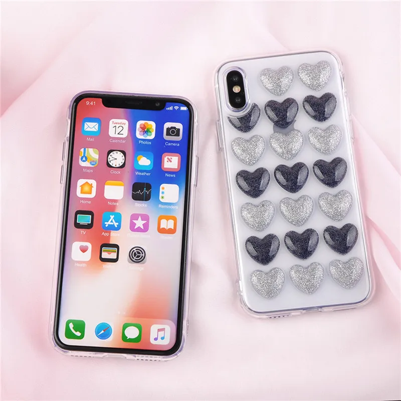 Новая мода Bling блеск сердце клей силиконовый корпус чехол для iPhone 7 8 XR XS Max 6 6s плюс задняя крышка 3D любит блестки мягкий чехол