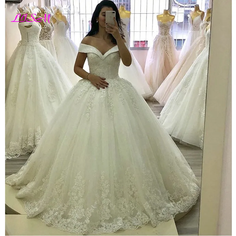 

Бальное платье принцессы Кружевная аппликация Тюлевое свадебное платье 2020 с открытыми плечами бусинами Длинные Свадебные платья vestido de noiva