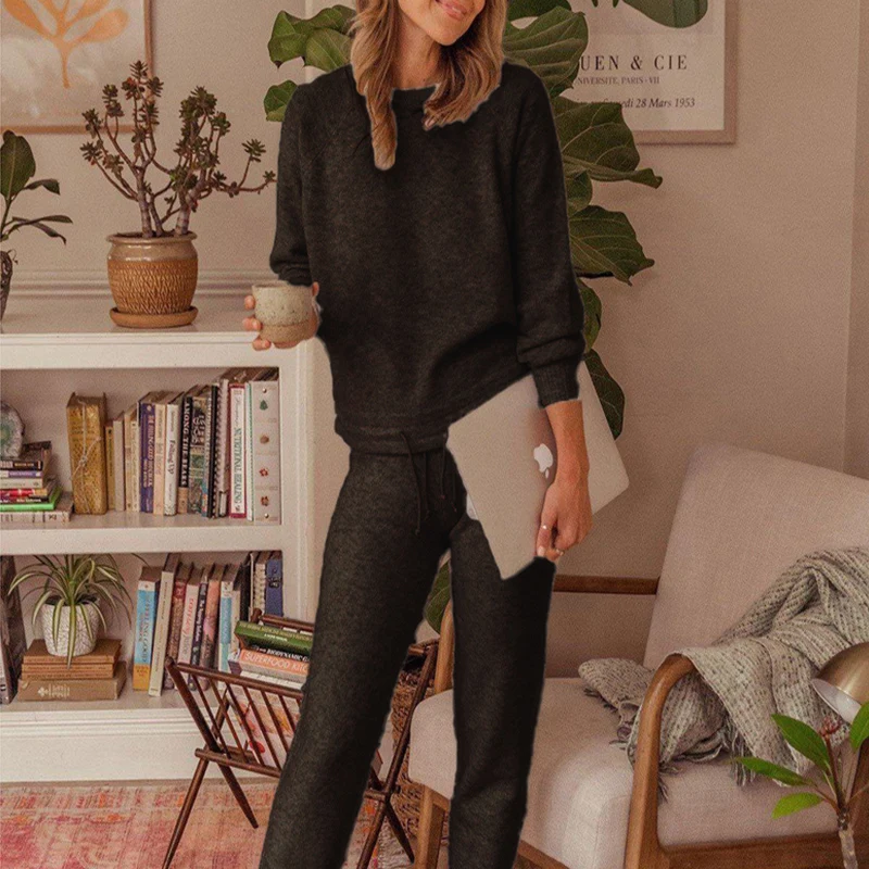

2XL Casual Homewear Two Piece Set For Women Elegant O Neck Long Sleeve Tops And Lace-Up Pants 2021 Spring Autumn Lady Solid Suit