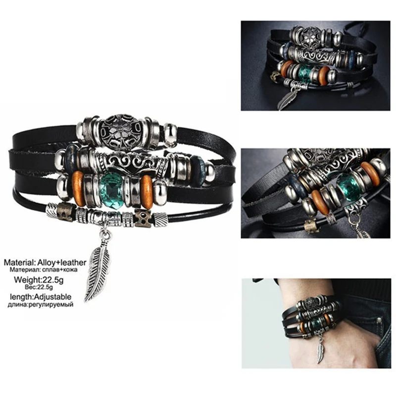4 PCS/Set Faux Leather Bracelet Retro Punk Blue Bead Leaf Black Creative Men Fashion Jewelry Dropship New | Украшения и
