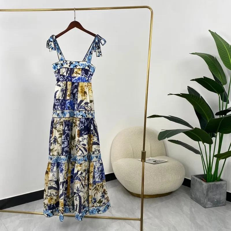 

High Quality Cotton Summer Women Fashion Blue And White Floral Print Spaghetti Strap Ankle Length Dresses