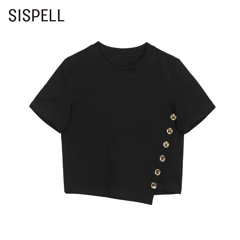

SISPELL Patchwork Buttons T Shirt For Female O Neck Short Sleeve Cropped High Waist Slimming Women's Casual T Shirt Tide 2021