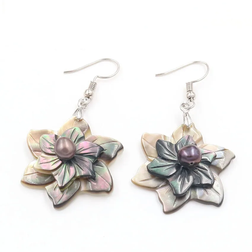 

FYJS Unique Silver Plated Abalone Shell Flower Blossom Drop Earrings Ethnic Style Jewelry