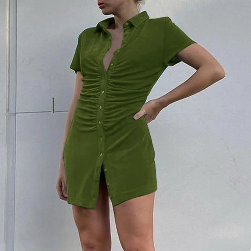 

Blue Turn-Down Collar Ruched Shirt Dress for Women 2021 Elegant Short Sleeve Skinny Mini Dress Solid Slim Blouse Vestido