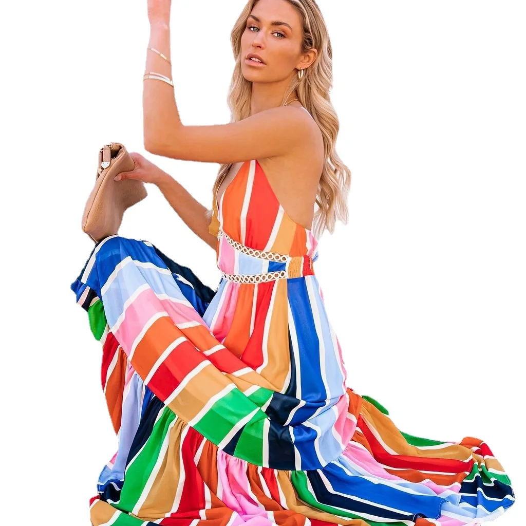 

Sexy Women Deep V-Neck Sling Dresses Rainbow Printed Maxi Dress Summer Casual Long Beach Dress Party