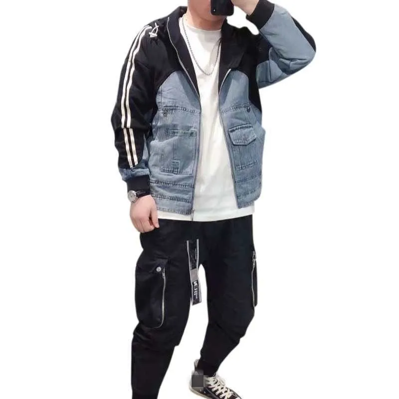 

Patchwork Hooded Denim Coat Men Autumn Loose Casual Cowboy Jackets Pockets Zipper Preppy Style Striped Bomber Jacket Outerwear