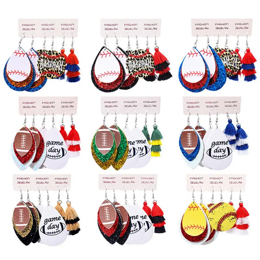 

Hot Style Combination Multi-layer Christmas Glitter PU Leather Earrings Set Western Ruby Football Water Drop Long Tassel Earring