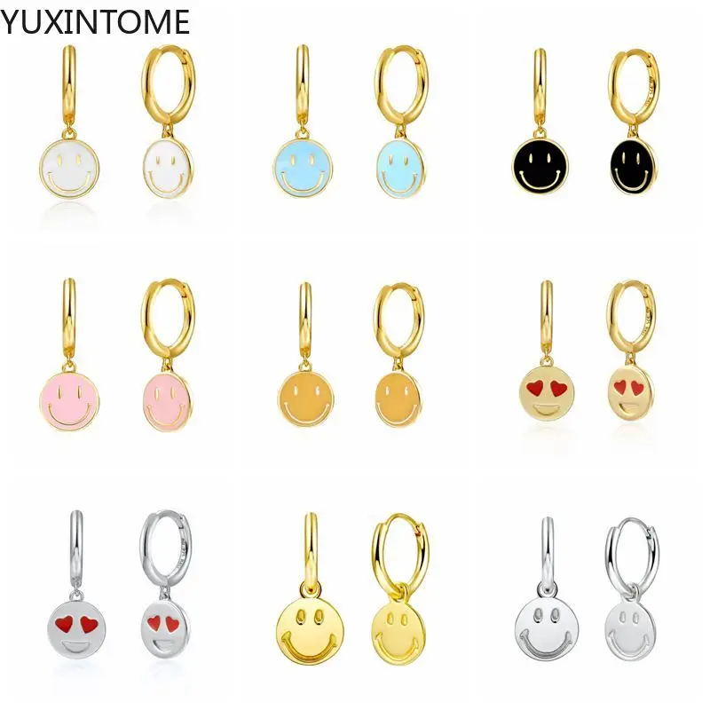 

925 Silver Ear Needle Smiley Hoop Earring For Woman Enamel Round Pendant Huggies Earrings Pendientes Brincos Jewelry Gifts
