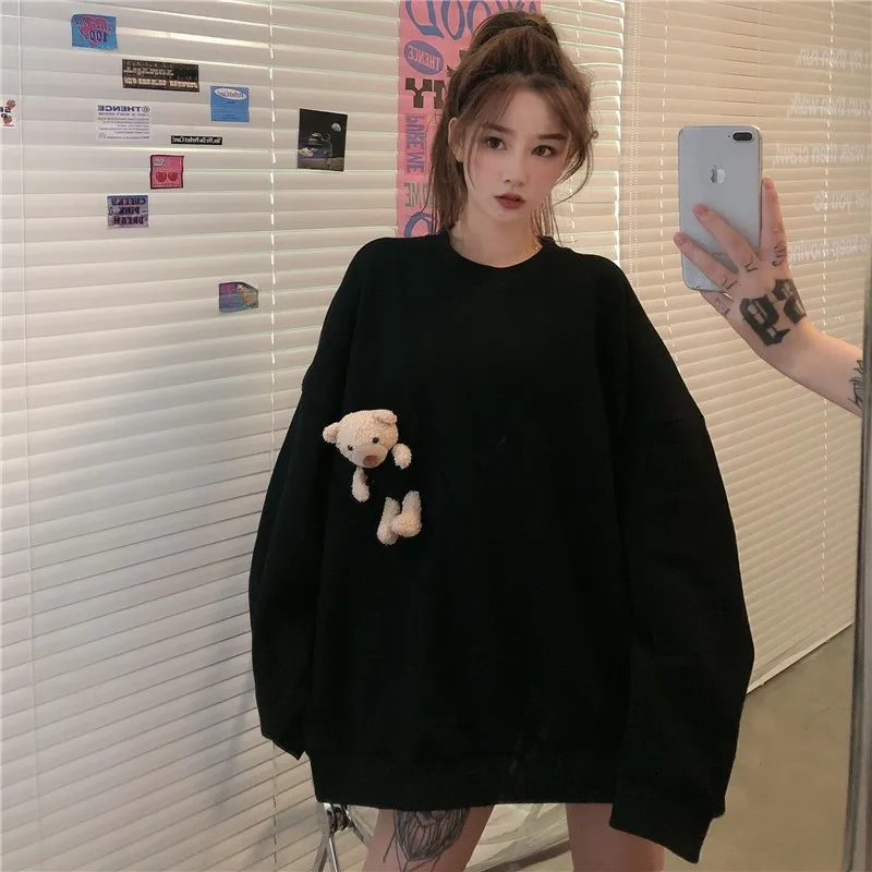 Harajuku Chic Crewneck Women Sweatshirt Pullover Hoodies Solid Color Oversized Bear Female Clothes Loose Cute Kawaii Sweetshirt
