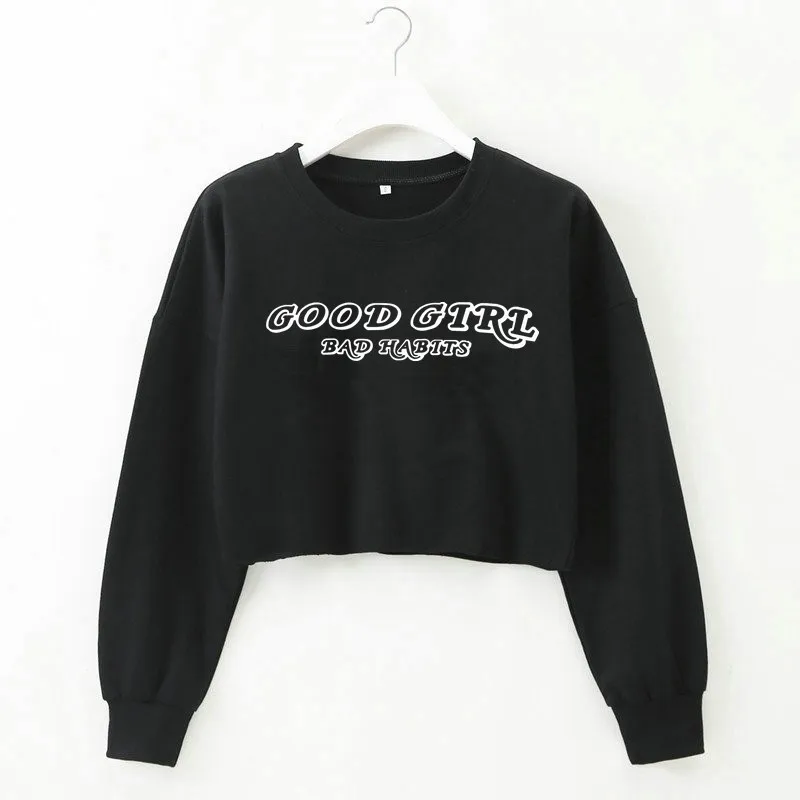 Black Crop Top Long Sleeve Short Sweatshirt for Women 2019 Winter Autumn Yellow Tops Good Girl Bad Habits Letter Cropped Moletom |