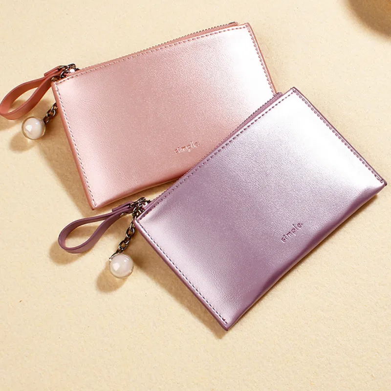 

Pu Leather Women Long Wallet Japan Korea Mini Pearl Laser Pendant Creative Coin Purse Zipper Hand Purses for Ladies