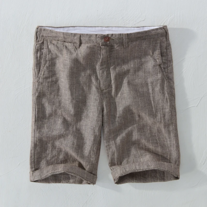 

New Men's Striped Shorts Linen Beach Shorts Men 29-38 Size 100% Flax Board Short Mens Summer Casual Bermuda Masculina