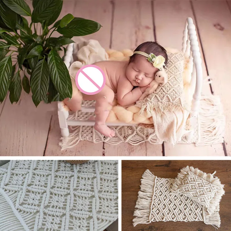 

Hand-Woven Cotton Hemp Rope Blanket Pillow Newborn Photography Props Vintage Bohemian Tassel Mat Cushion Baby Photo Accessories