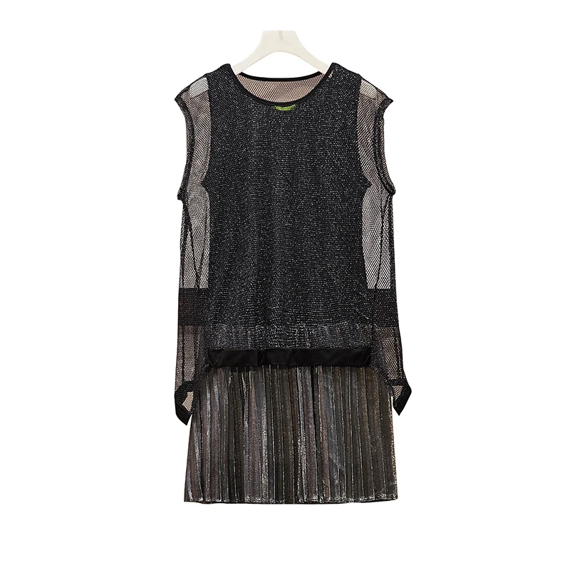 

Plus Size Dress For Women Summer 2021 Glitter Sleeveless Mesh Patchwork Loose Casual Pleated Ruffle Dresses 2XL 3XL 4XL 5XL