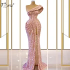 Блестящее розовое вечернее платье-Русалка с блестками, 2021, сексуальные платья с одним открытым плечом и высоким разрезом для выпускного вечера, женские платья для свадебной вечеринки, выпускного вечера