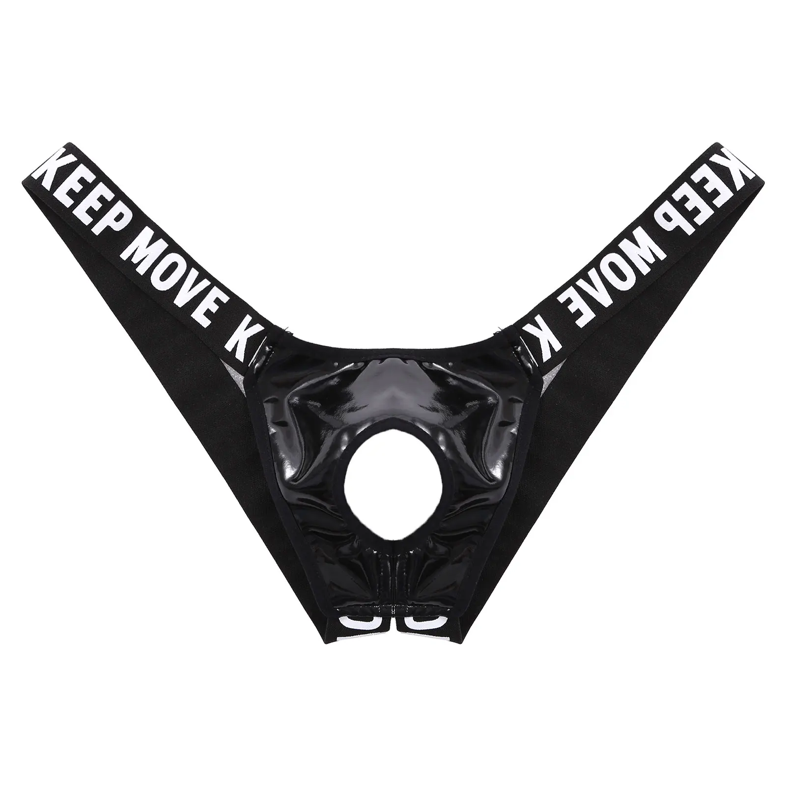 

Men Erotic Lingerie Funny Hollow Out Patent Leather Bulge Pouch Jockstrap T-Back Letter Print Waistband Thongs Underwear