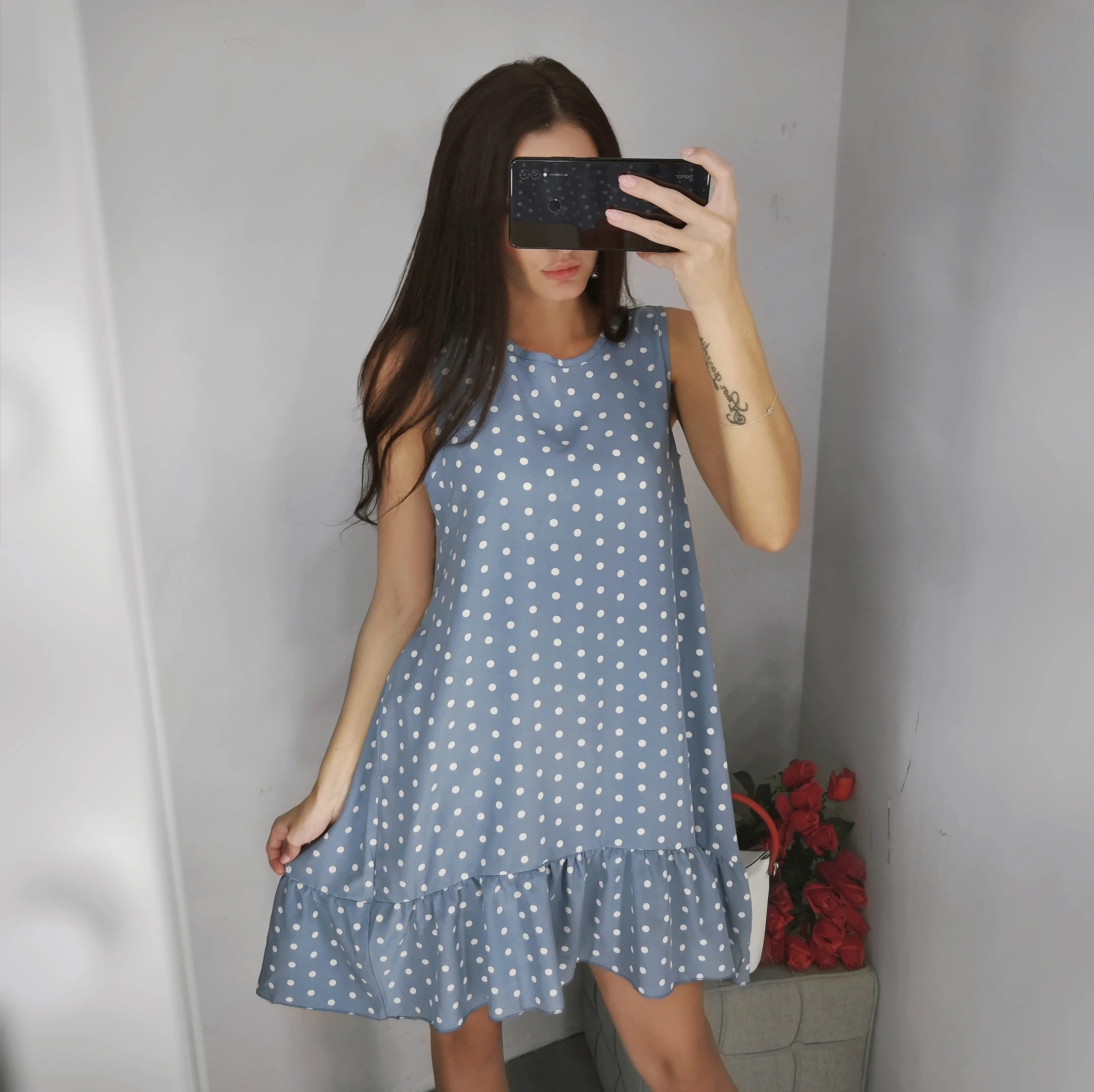 Vestidos, сексуальное ДРАПИРОВАННОЕ женское платье, новинка, летнее, без рукавов, повседневное, ТРАПЕЦИЕВИДНОЕ, свободное, в горошек, с принтом, Пляжное, короткое, мини, сарафан