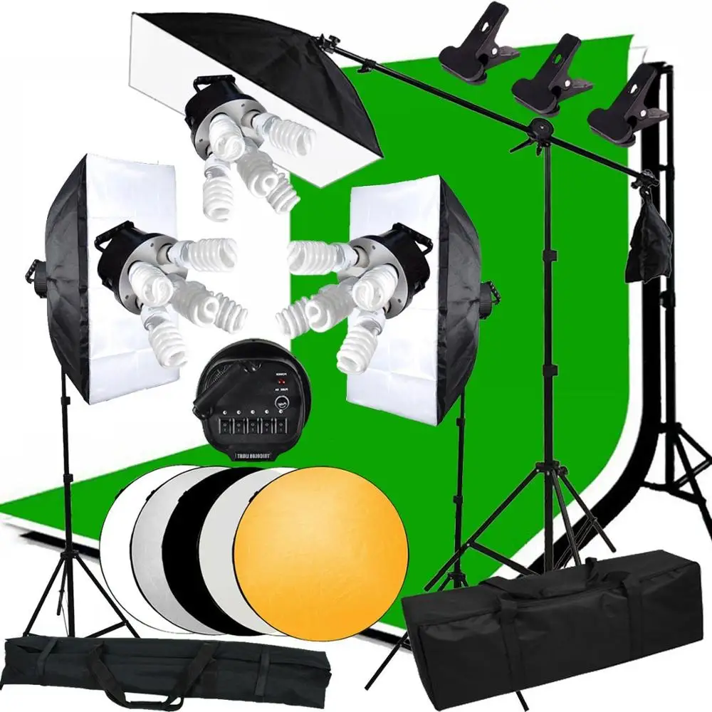 

ZUOCHEN 3375W Photo Studio Continuous Lighting kit Softbox Boom arm 4 Background & Stand Gray Green White Black Backdrop