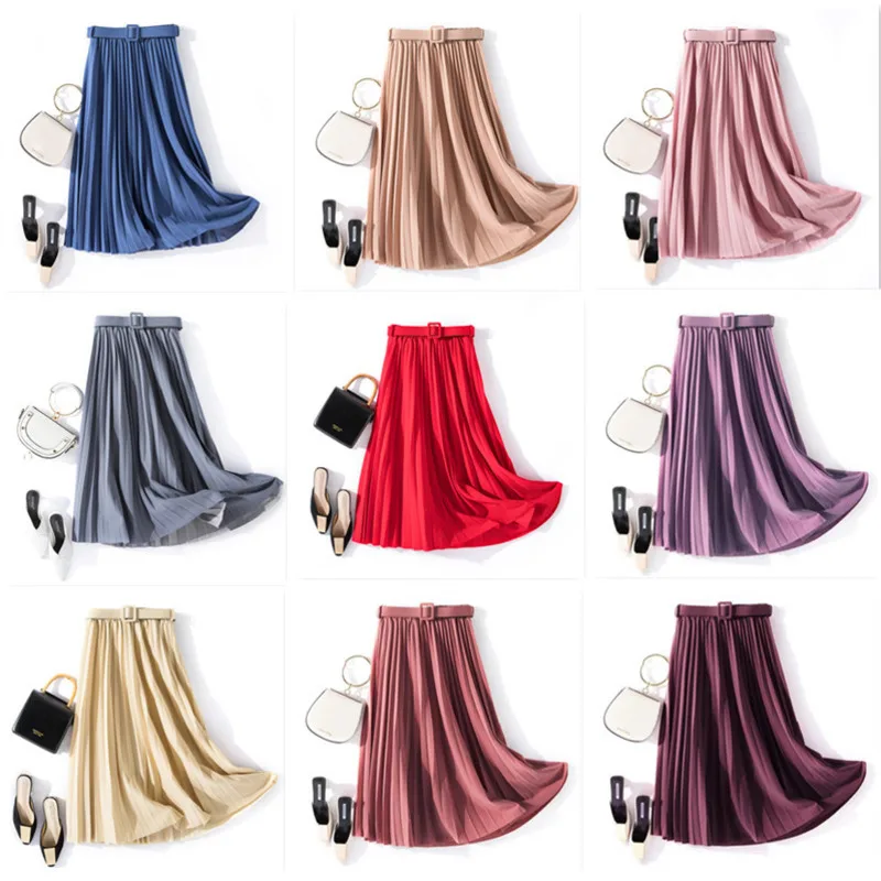 

PEONFLY Spring Fashion Women's High Waist Pleated Skirts Elegant Solid Sashes Skirts Elastic High Waist Skirts Ladies Blue Pink