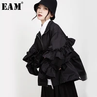 eam loose fit black ruffles stitch big size jacket new lapel long sleeve women coat fashion tide spring autumn 2022 1b894