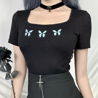 butterfly embroidery square neck t shirt harajuku gothic black short sleeve basic crop top y2k e girl summer basic tee shirt