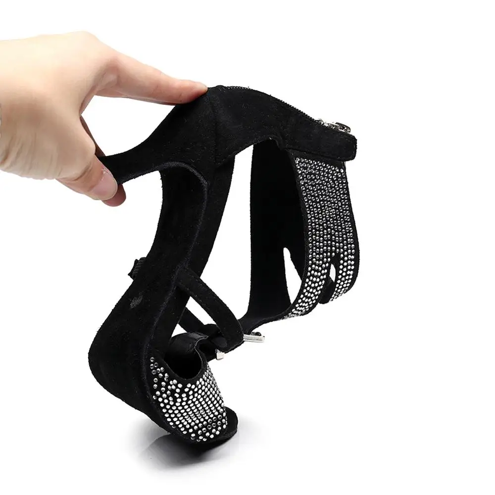 Женские туфли для танцев DKZSYIM черные замшевые с блестящими стразами на мягкой
