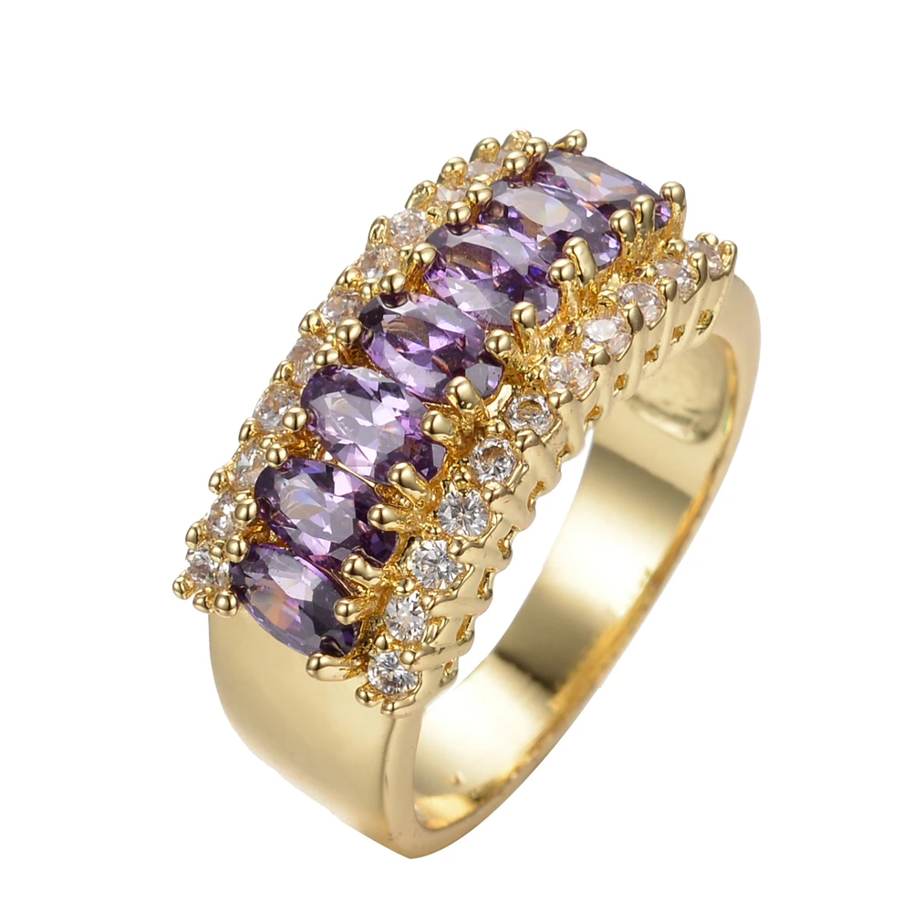 

Cute Female Purple Crystal Stone Ring Big Yellow Gold Color Wedding Rings For Women Promise Bride Round Zircon Engagement Ring
