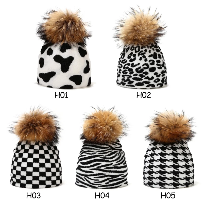 

Cow Leopard Pattern Knitted Hat with Fur Ball Cashmere Beanie Cap for Women Fashion New Autumn Winter Women Warm Hat