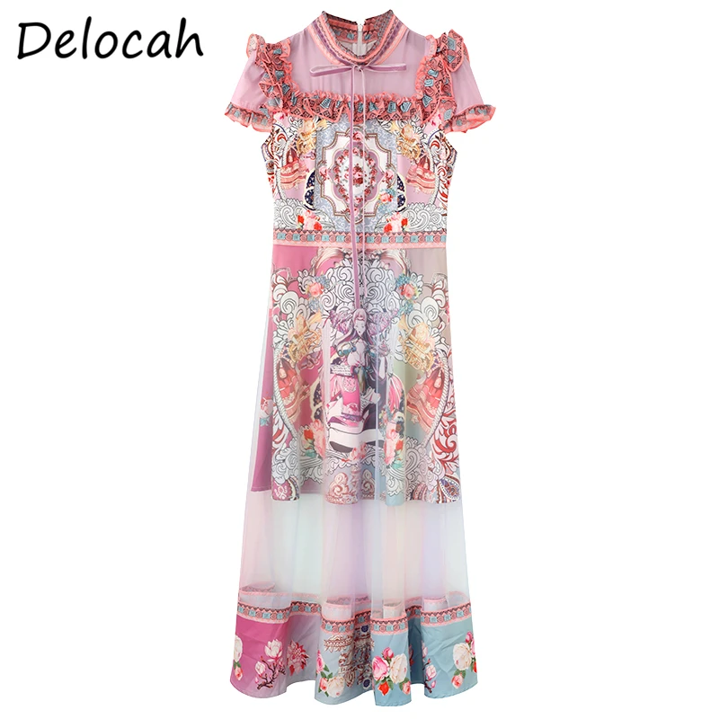 

Delocah Summer Women Fashion RunwayA-Line Dress Short Sleeve Bow Ruffles Floral Print High Waist Ladies Party Midi Dresses 2021