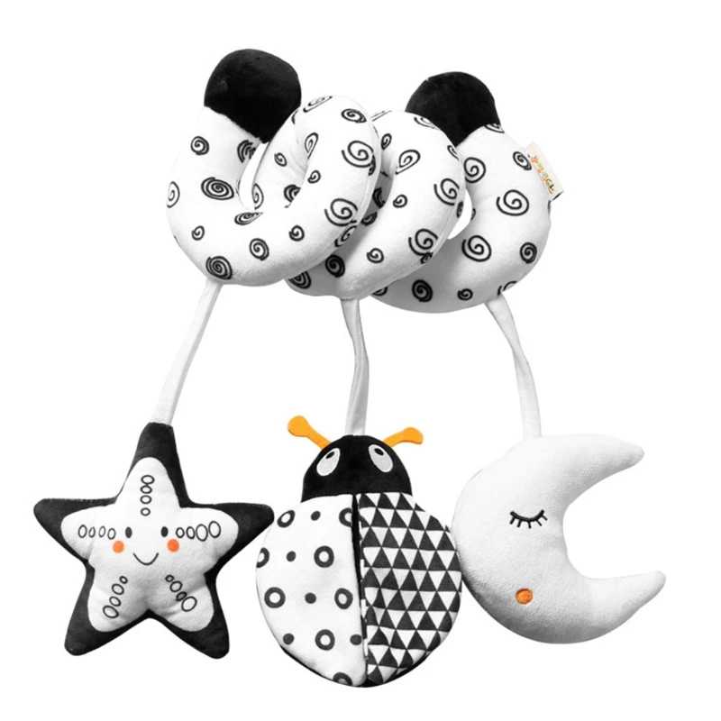 

D7YD Bite-Free Soft Animal Bell Rattle for Baby Black & White Eye Sensing Interactive Car Seat Toy Rattle Crib Squeaker Doll