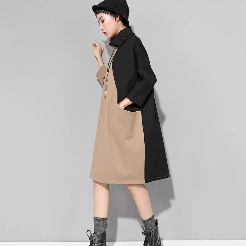 

2021 New Spring Winter High Collar Long Sleeve Hit Color Loose Large Size Sweatshirt Dress Women Fashion Tide Jk399