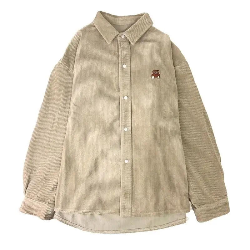 

Women Autumn Winter Tops And Bloues Fashion Harajuku Corduroy Long Sleeve Bear Embroidery Blouse Vintage Elegantes Loose Shirt