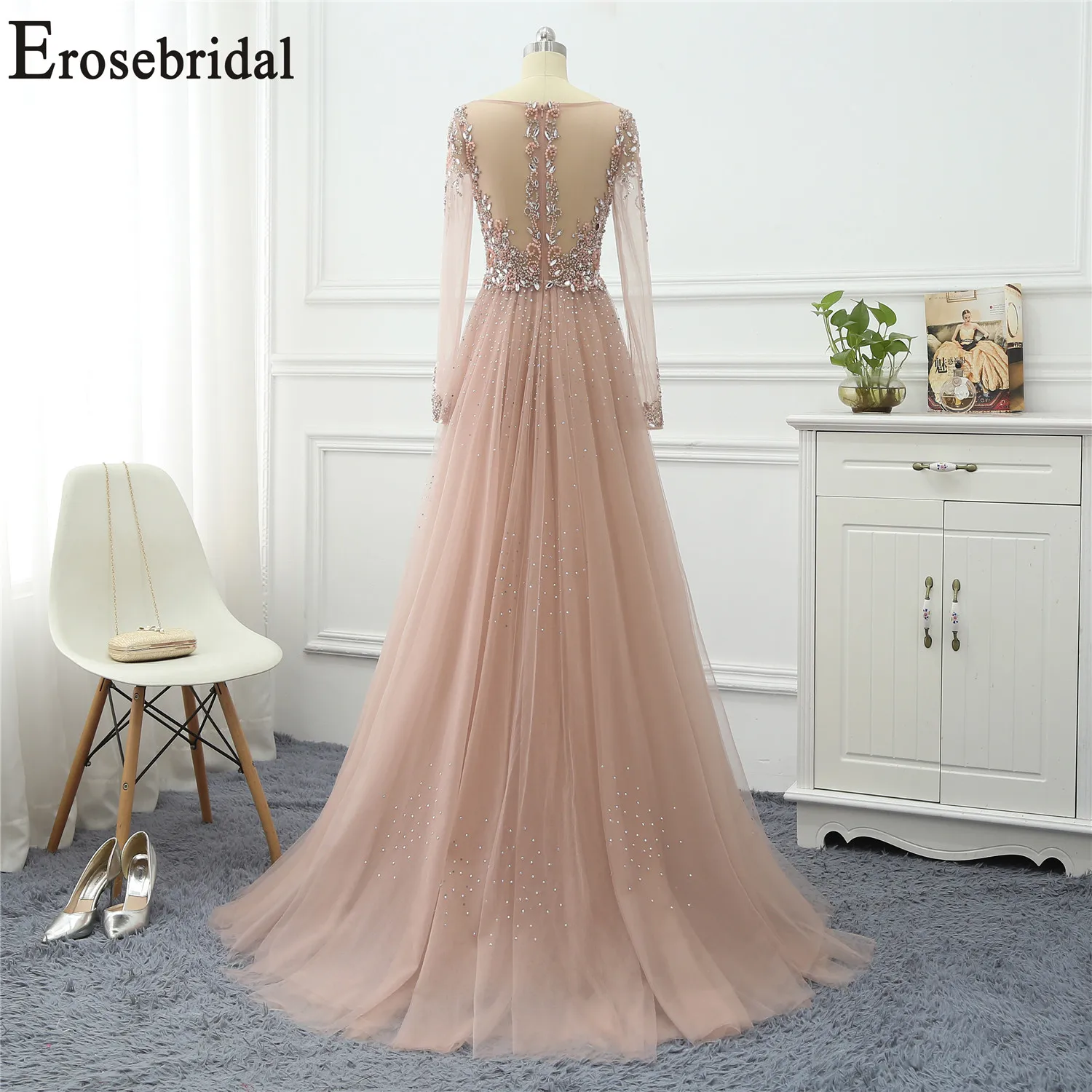 Erosebridal платья с длинным рукавом для особых случаев для женщин вечернее платье Длинные официальные платья вечерние платья тюль ткань с бисером