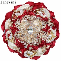 janevini luxury gold crystal jewelry wedding bouquets ribbon red ivory flowers artificial satin roses bridal bouquet accessories
