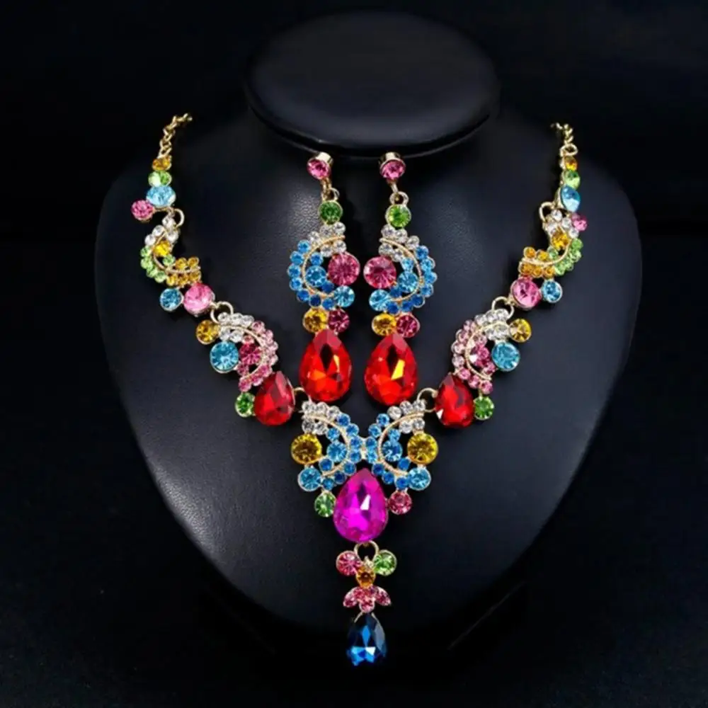 

Luxury Water Drop Rhinestone Inlaid Wedding Bridal Necklace Earrings Jewelry Set