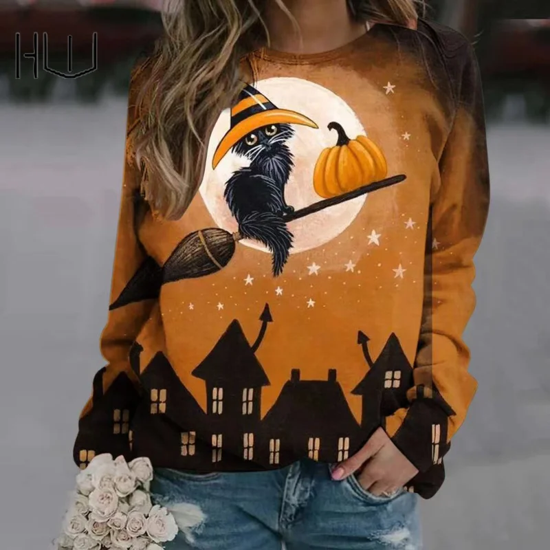

Pullover Cardigan Crew Neck Halloween Cat Pumpkin Print Sweatshirt Women 2021 Autumn Festival Outfits Tops Female Clothing
