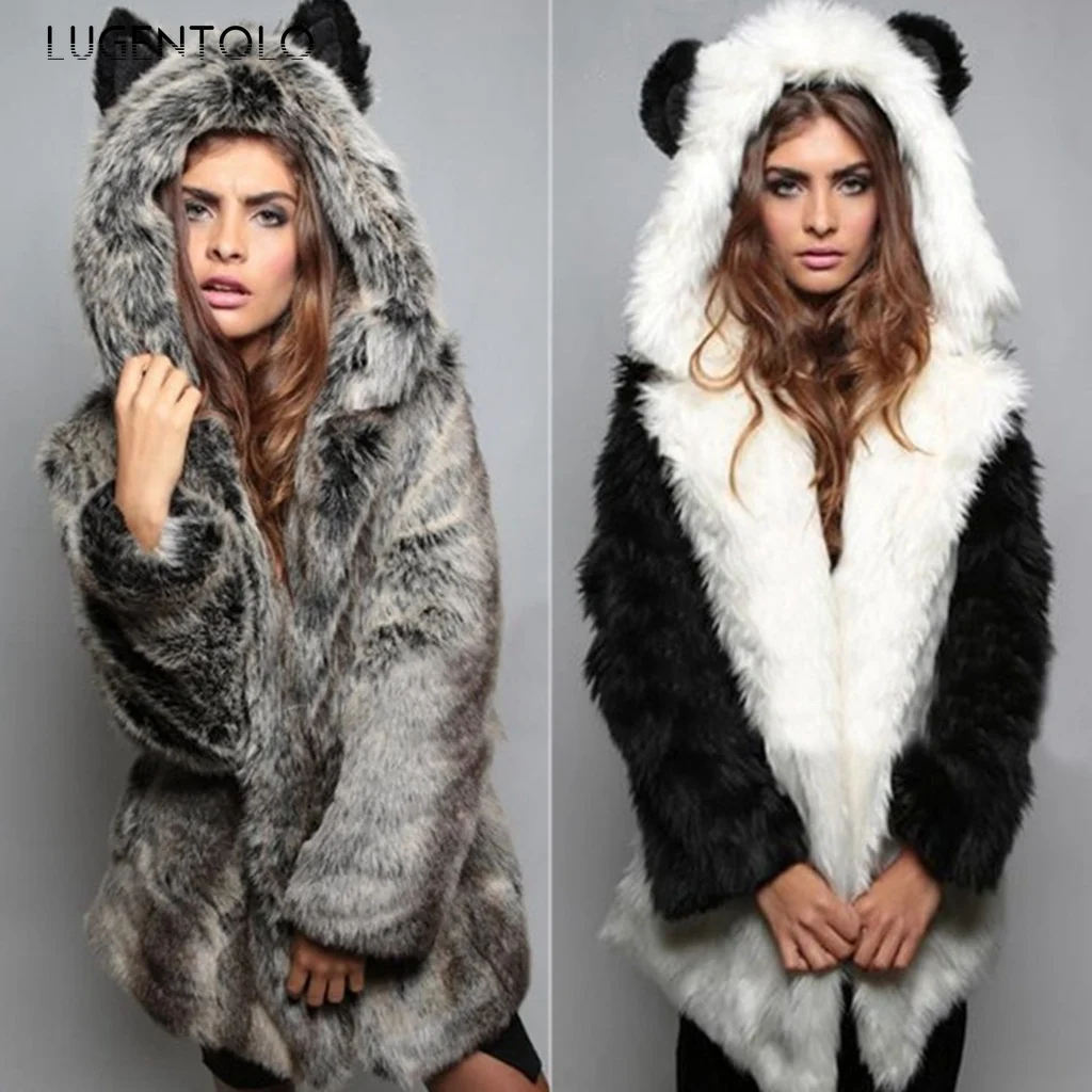 

Женское Свободное пальто с капюшоном из искусственного меха, с длинным рукавом