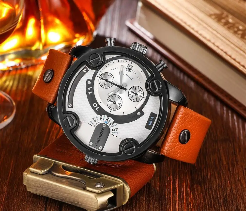 Новые большие мужские модные Роскошные Кварцевые часы с кожаным ремешком