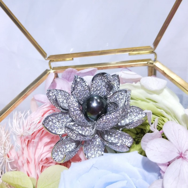 Женская Брошь в виде цветка розы из серебра 925 пробы с черным пресноводным