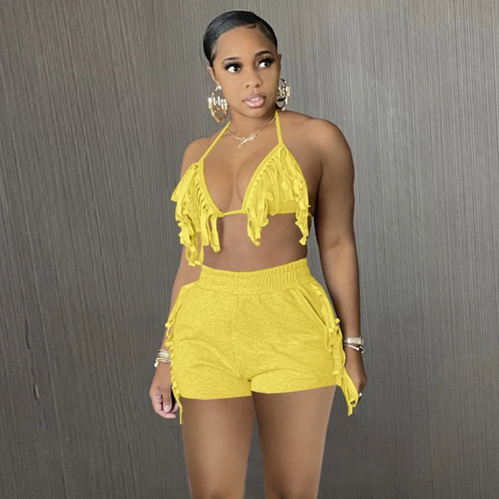 

Комплект из 2 предметов; Комплекты с шортами спортивный костюм для женщин, спортивная одежда, летняя одежда, комплект одежды с кисточками кр...