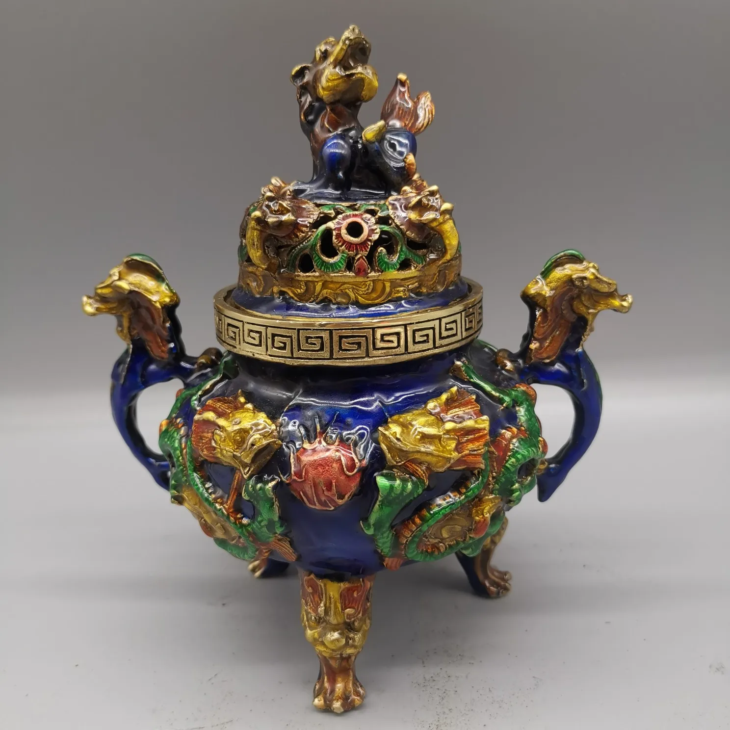 

Китайская антикварная коллекция поделок искусственная двойная дракона ухо курильница поделка статуя украшение для дома подарок