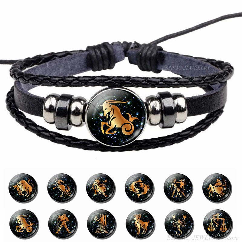 12 знаков зодиака кожаный браслет Созвездие стеклянный кабошон ручной работы