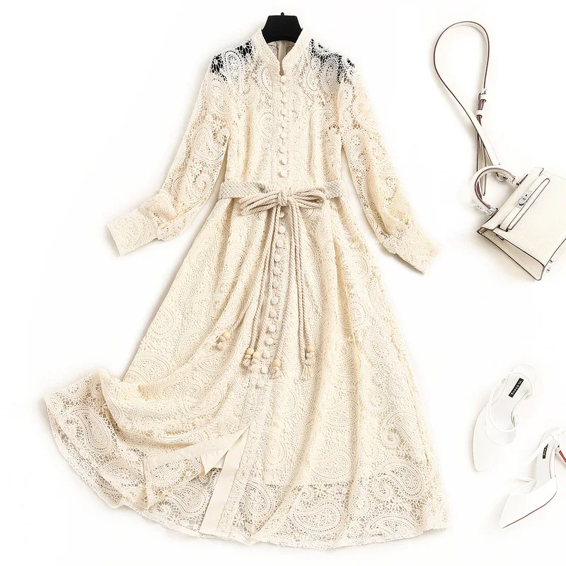 

Women hollow out lace dress spring summer 2021 designer single breasted fringe sashes a-line long sleeve dresses