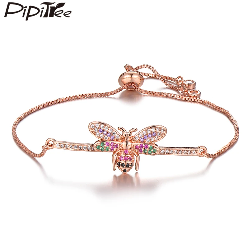 Роскошный браслет цепочка Pipitree с микрозакрепкой из фианита в виде насекомых и